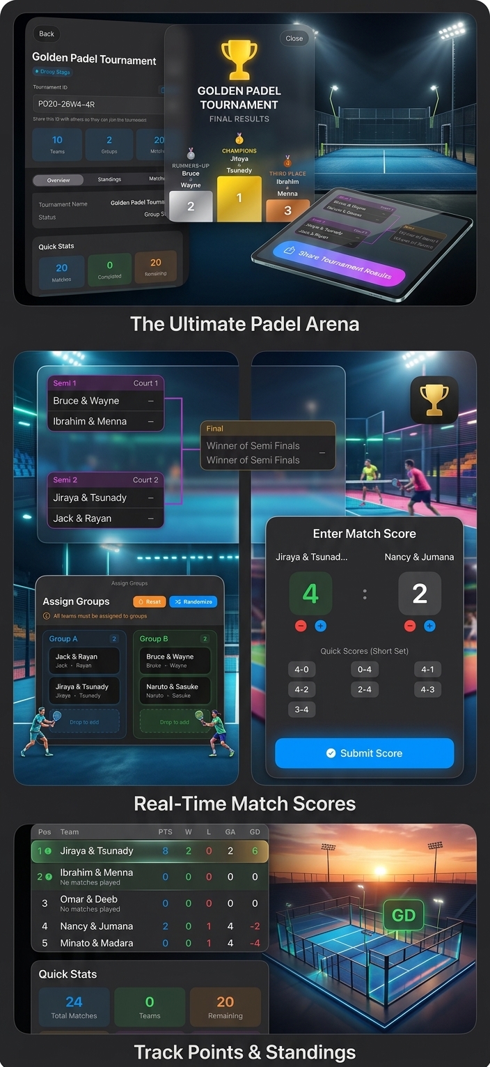 Torneo Padel app screenshots showing tournament brackets, live match scoring, and standings